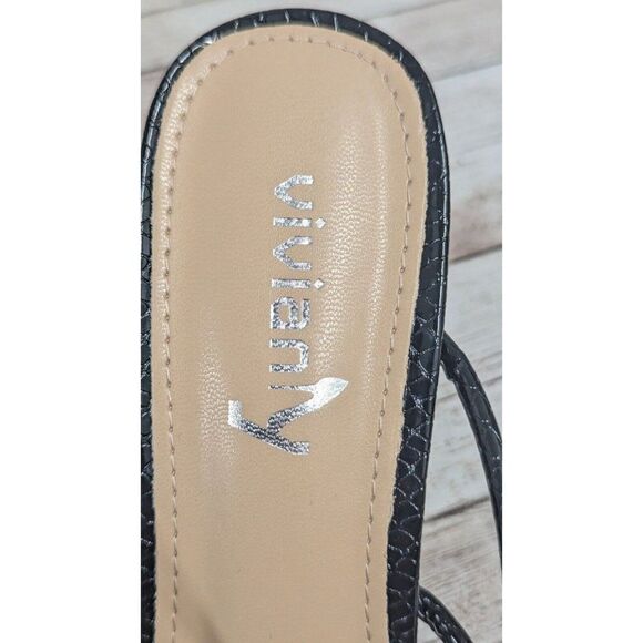 Viviany Womens Size 8 Black Leather Open Toe Slip On Slide Spool 3.5" Heels - Picture 8 of 9